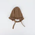 Knit baby hat in dark brown with ruffle trim and secure chin straps for winter warmth - One Size / Khaki
