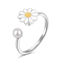 Verstellbarer S925 Silberring mit drehbarer Gänseblümchen-Blume und weißer Perle - Gänseblümchen Perlenstil (DY120857) / Weißgold