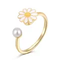 Verstellbarer S925 Silberring mit goldenem Gänseblümchen und weißer Perle für Damen - Gänseblümchen Perlenstil (DY120857) / Gold