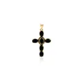 Detailed macro view of 18K gold-plated cross pendant with black oval stones and micro-pave - Black
