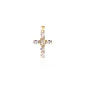 Macro detail of 18K gold plated cross pendant with oval cubic zirconia on white background - White