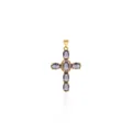Detailed view of 18K gold plated cross pendant with oval zircons and micro-pave setting - Purple