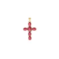 Macro detail of 18K gold-plated cross pendant with oval pink stones and micro-zirconia - Red