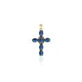Close-up of 18K gold plated cross pendant featuring six oval blue sapphire zircons - Blue