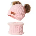 Pink winter knitted hat and scarf set for children with double faux fur pom poms - Set / Hat + Neck Warmer Set / Pink