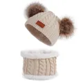 Winter kids knit hat and scarf set with double fur pom-poms and warm fleece lining - Set / Hat + Neck Warmer Set / Beige