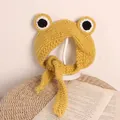 Handmade yellow frog knitted baby hat with big eyes and adjustable earflaps straps - One Size / Yellow