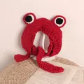 Handmade red knitted frog hat for children with large eye decorations and tie straps - One Size / Red