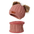 Pink winter knit beanie with double faux fur pom poms and matching fleece neck warmer - Set / Hat + Neck Warmer Set / Dusky Pink