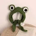 Handmade green knitted frog hat for toddlers with cute big eyes and secure chin straps - One Size / Green