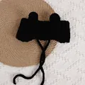 Black knitted baby winter hat with cute round ears and long chin straps for warmth - Bear Ear Style / Black
