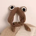 Brown knit frog eye headband for kids with cozy ear protection and soft chin straps - One Size / Coffee