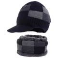 Men's blue checkered knit beanie and scarf set with thick warm fleece lining - One Size / Navy Blue