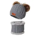 Winter kids grey knit beanie with double faux fur pom-poms and matching fleece neck warmer - Set / Hat + Neck Warmer Set / Gray