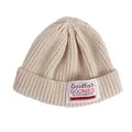 Beige ribbed knit beanie for children featuring a trendy lettered cloth patch on the cuff - One Size / Beige
