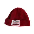 Thick knit winter beanie for kids in dark red with a stylish rectangular woven patch - One Size / Burgundy