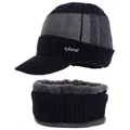 Men's navy blue winter knit beanie and scarf set with warm fleece lining and visor - One Size / Navy Blue Hat And Scarf Set