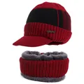 Men's winter knit beanie and scarf set in deep red with thick gray fleece lining - One Size / Red Hat And Scarf Set