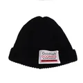 Classic black ribbed knit beanie for children featuring a stylish lettered fabric patch - One Size / Black