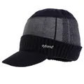 Navy and grey two-tone knit winter hat with sport logo and fleece lining for men - One Size / Navy Blue Hat