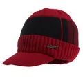 Men's winter knit beanie cap with brim, warm fleece lining in red and black sport style - One Size / Red Hat