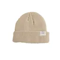 Beigefarbene Kinderstrickmütze mit süßem Smiley-Etikett und warmem Umschlagrand - Einheitsgröße / Beige