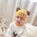 Cute baby winter knit hat and scarf set with bear embroidery and double pom-poms - Yellow