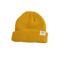 Kids warm knit beanie in vibrant yellow featuring a smiling face label on the cuff - One Size / Yellow