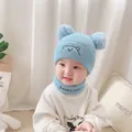Light blue knit baby hat with bear embroidery and double pompoms including matching neck warmer - Blue