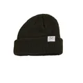 Kids knitted beanie in dark olive green featuring a white smiley face woven patch - One Size / Dark Green