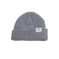Grey knitted kids beanie featuring a ribbed texture and a cute smiley face patch - One Size / Gray