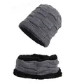 Winter knit beanie and neck warmer set with thermal fleece lining in dark grey - Grey Set