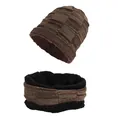 Winter knit beanie and neck warmer set with warm fleece lining in dark brown color - Khaki Set