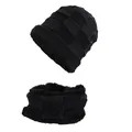Men's winter knit beanie hat and neck warmer set with warm fleece lining in black - Black Zirconia Set
