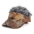 Tactical camouflage sun visor hat featuring unique grey faux hair on top for adults - One Size / Camouflage Gray Hair