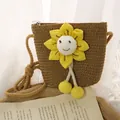 Kids brown straw crossbody bag with a yellow sunflower and woven rope strap - Khaki