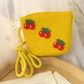 Bolso bandolera de paja amarilla para niña con cerezas de ganchillo hechas a mano - Estilo de Cereza de Ganchillo / Amarillo