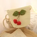 Kids cute straw crossbody bag with 3D cherry decoration and cotton rope strap - Cream