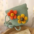 Mint green straw woven crossbody bag for girls with orange and yellow floral accents - Hobo Bag / Lake Blue