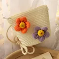 Kids cream woven straw bag with orange and purple fabric floral accents for beach wear - Hobo Bag / Cream