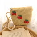 Süße Mini-Strohtasche mit Kirschstickerei und dickem geflochtenem Seil-Schultergurt - Einheitsgröße / Beige