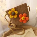 Sac bandoulière en paille pour enfants avec fleurs en peluche jaunes et orange - Sac Hobo / Kaki