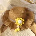 Chapeau de paille marron pour fille avec bord ondulé et décoration tournesol jaune - Chapeau de paille / Chapeau Kaki