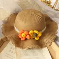 Chapeau de paille marron pour filles avec bord ondulé et ruban de fleurs colorées - Chapeau / Kaki