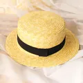 Cappello di paglia classico per bambini con nastro nero e trama intrecciata per la spiaggia - Taglia unica / Beige