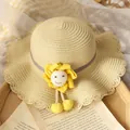 Chapeau de paille fille avec bord ondulé et décor tournesol souriant en beige - Chapeau de paille / Chapeau Beige