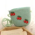 Mint green straw crossbody bag with cherry crochet decor and cotton rope strap - One Size / Lake Blue