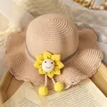 Chapeau de paille beige pour filles avec grande tournesol jaune et bord ondulé - Chapeau de paille / Chapeau Rose Poudré