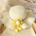 Chapeau de paille crème pour enfant avec tournesol et bord ondulé pour la plage d'été - Chapeau de paille / Chapeau Blanc Cassé