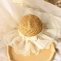 Chapeau de soleil enfant en paille avec volants en organza blanc et nœud en dentelle - 50-52CM / Kaki